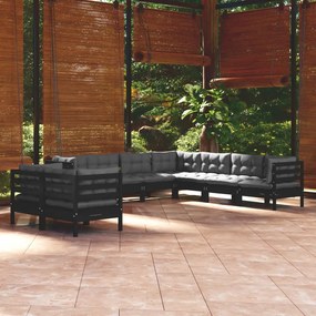 3096903 vidaXL Set mobilier grădină cu perne, 9 piese, negru, lemn masiv pin