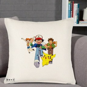 Perna Personalizata Pokemon Ash Misty Brock si Pikachu, 40x40 cm, Crem Reliefat, Husa Detasabila, Perna Inclusa, BEKZ®