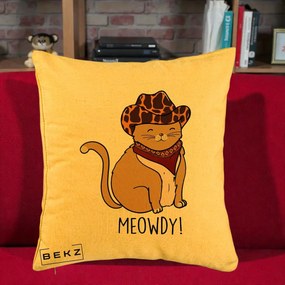 Perna Decorativa Pisica Cowboy Meowdy, 40x40 cm, Galben, Husa Detasabila, Perna Inclusa, BEKZ®