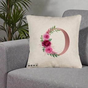 Cadou Personalizat - Perna Personalizata Monograma Rose Gold Litera O, 40x40 cm, Bej Canapea, Husa Detasabila, Perna Inclusa, BEKZ®