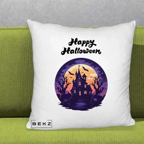 Perna Decorativa Happy Halloween Casa Bantuita Violet, 40x40 cm, Alb Pufos, Husa Detasabila, Perna Inclusa, BEKZ®