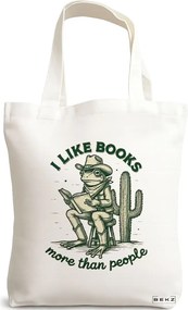 Sacosa de Panza pentru Cumparaturi, Geanta Tote, model I like books more than people 38 x 34.5 cm, Alba, BEKZ®