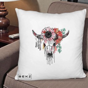 Perna Decorativa Craniu Boho Floral, 40x40 cm, Alb Pufos, Husa Detasabila, Perna Inclusa, BEKZ®