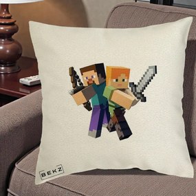 Perna Personalizata Minecraft Steve si Alex, 40x40 cm, Ecru, Husa Detasabila, Perna Inclusa, BEKZ®