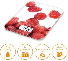 Cantar de bucatarie Beurer KS 19 Berry, Pana la 5 kg, Tare, Control tactil, LCD, Sticla, Rosu