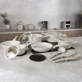 Set oale si tigai cu capace 15 piese Sahara Collection Berlinger Haus BH 8081, crem, antiaderente, curatare usoara, inductie, design elegant, premium