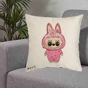 Perna Personalizata Labubu Roz cu Coroana Florala, 40x40 cm, Ecru, Husa Detasabila, Perna Inclusa, BEKZ®