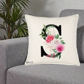 Cadou Personalizat - Perna Personalizata Monograma Florala Litera S, 40x40 cm, Crem Reliefat, Husa Detasabila, Perna Inclusa, BEKZ®