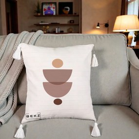 Perna Decorativa Geometric Boho Semicercuri Brun, 40x40 cm, Bej cu Franjuri, Husa Detasabila, Perna Inclusa, BEKZ®