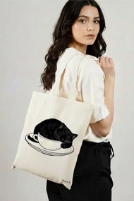 Sacosa de Panza pentru Cumparaturi, Geanta Tote, model Caffeine Cat 22 38 x 34.5 cm, Alba, BEKZ®