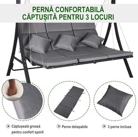Outsunny Balansoar cu 3 scaune din material textil cu perne si acoperis reglabil gri 200 x 115 x 168 cm | Aosom Romania