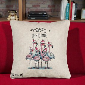 Perna Decorativa Flamingo Merry Christmas, 40x40 cm, Bej Canapea, Husa Detasabila, Perna Inclusa, BEKZ®