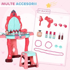 AIYAPLAY Masă de Machiaj pentru Fetițe cu Scăunel, Oglindă, Lumini și Accesorii, 57x34x76 cm, Multicolor | Aosom Romania