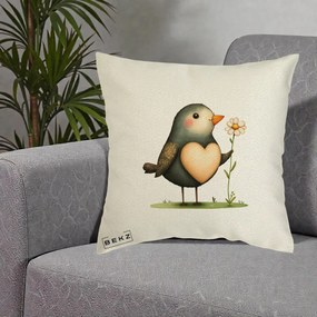 Perna Decorativa Pasare cu Inima si Margareta, 40x40 cm, Ecru, Husa Detasabila, Perna Inclusa, BEKZ®