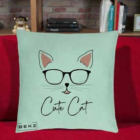 Perna Personalizata Cute Cat cu Ochelari, 40x40 cm, Verde Menta, Husa Detasabila, Perna Inclusa, BEKZ®