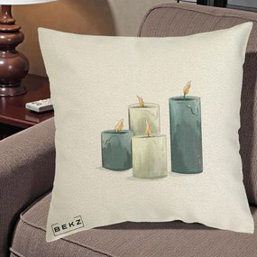 Perna Decorativa Lumanari Hygge Alb-Verde, 40x40 cm, Ecru, Husa Detasabila, Perna Inclusa, BEKZ®