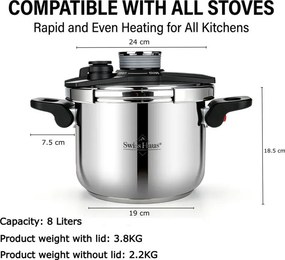 Oala sub presiune Swiss Haus SH-PCA8L, 8 l, 24 x 18,6 cm, 100 kPa, Otel inoxidabil, Fara PFAS, Fnd cu 3 straturi, Inductie, Argintiu