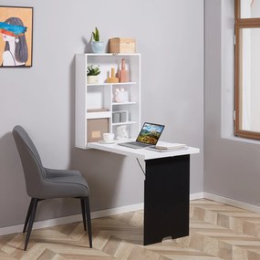 HOMCOM Birou de perete, blat pliabil, 5 rafturi, 60x94,5x147cm, Negru/Alb | Aosom Romania