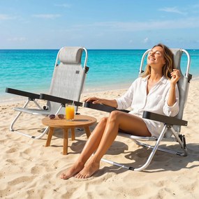 Set Outsunny 2 Șezlonguri Pliabile și Reclinabile pe 4 Poziții cu Suport pentru Cap, din Aluminiu, 62x61x80 cm, Gri | Aosom Romania