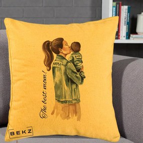 Cadou pentru Mama - Perna Personalizata The Best Mom Jachete, 40x40 cm, Galben, Husa Detasabila, Perna Inclusa, BEKZ®