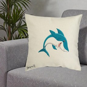 Perna Decorativa Rechin Albastru Cartoon, 40x40 cm, Ecru, Husa Detasabila, Perna Inclusa, BEKZ®