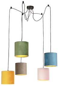 Lampă suspendată cu 5 abajururi din catifea colorate 20 cm - Cava