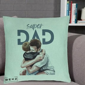 Cadou pentru Tata - Perna Personalizata Super Dad Tata si Fiu Imbratisare, 40x40 cm, Verde Menta, Husa Detasabila, Perna Inclusa, BEKZ®