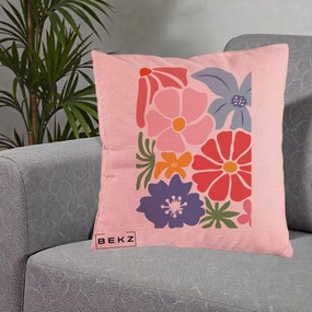 Perna Decorativa Flori Grafice Roz-Rosu-Albastru, 40x40 cm, Roz, Husa Detasabila, Perna Inclusa, BEKZ®