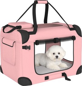PawHut Cușcă de transport pliabilă pentru câini 60x41,5x41 cm cu ferestre din plasă pernă moale și 2 mânere pentru câini mini și pisici roz | Aosom Romania