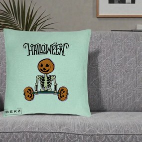 Perna Decorativa Halloween Schelet cu Cap de Dovleac Powerlifting, 40x40 cm, Verde Menta, Husa Detasabila, Perna Inclusa, BEKZ®