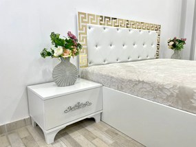 Dormitor Palermo, culoare alb, cu pat tapitat 160 x 200 cm, dulap cu 2 usi, comoda cu oglinda, 2 noptiere