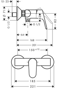 Baterie dus crom, montaj pe perete Hansgrohe Focus E2