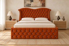 Pat tapițat Chesterfield Avella 160×200 cm, cărămiziu, cu ladă de depozitare