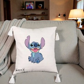 Perna Personalizata Stitch Zambitor, 40x40 cm, Bej cu Franjuri, Husa Detasabila, Perna Inclusa, BEKZ®