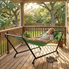 Outsunny Hamac de Exterior cu Suport, Hamac Autoportant cu Buzunar Lateral, Tetieră și Structură din Metal, Capacitate 150 kg pentru Grădină, Balcon, Terasă, 237 x 90 x 92 cm, Verde Închis | Aosom Romania
