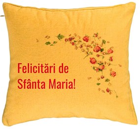 Perna Decorativa, Model Felicitari de Sfanta Maria, 40x40 cm, Galben, Husa Detasabila, Burduf