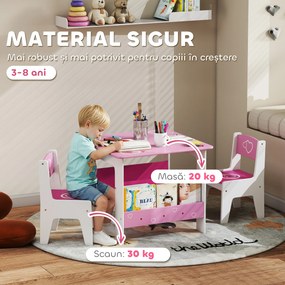 AIYAPLAY Set de masă cu 2 scaune pentru copii 3-8 ani, cu raft în lemn MDF cu motive de inimi, Roz | Aosom Romania