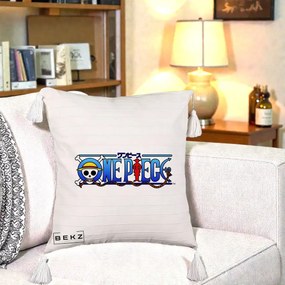 Perna Personalizata One Piece Clasic Albastru, 40x40 cm, Bej cu Franjuri, Husa Detasabila, Perna Inclusa, BEKZ®