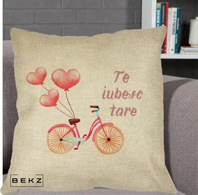 Perna Decorativa Te Iubesc Tare cu Bicicleta Roz si Baloane Inima, 40x40 cm, Crem, Husa Detasabila, Perna Inclusa, BEKZ®