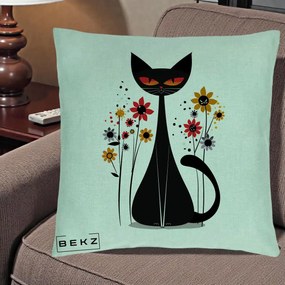 Perna Decorativa Pisica Neagra Ochi Rosii Flori, 40x40 cm, Verde Menta, Husa Detasabila, Perna Inclusa, BEKZ®