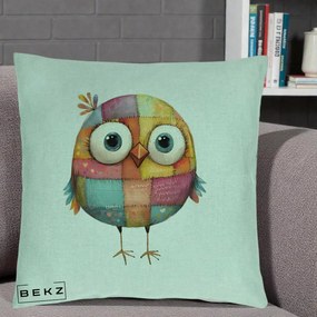 Perna Decorativa Pasare Patchwork Colorata, 40x40 cm, Verde Menta, Husa Detasabila, Perna Inclusa, BEKZ®