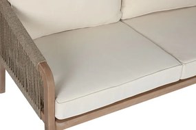 Set lounge exterior premium din lemn de acacia cu frânghie împletită, canapea, 2 fotolii și măsuță cu perne din stofă, „Capri”