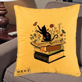 Perna Personalizata Pisica Neagra Carti Flori Fluturi, 40x40 cm, Galben, Husa Detasabila, Perna Inclusa, BEKZ®