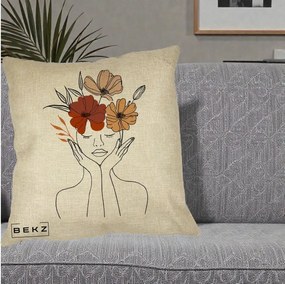 Perna Decorativa Portret Feminin Coroana Trei Flori, 40x40 cm, Crem, Husa Detasabila, Perna Inclusa, BEKZ®