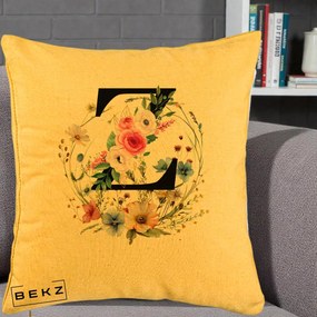 Cadou Personalizat - Perna Personalizata Monograma Florala Litera Z cu Coroana, 40x40 cm, Galben, Husa Detasabila, Perna Inclusa, BEKZ®