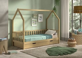 Pat Căsuță NATURE cu Sertar Extensibil, Stejar Natural, 90 x 190/200 cm (Stejar Masiv) – CABANE – Vipack