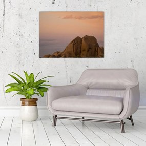 Tablou pe sticlă cuu apus de soare în stânci (70x50 cm)