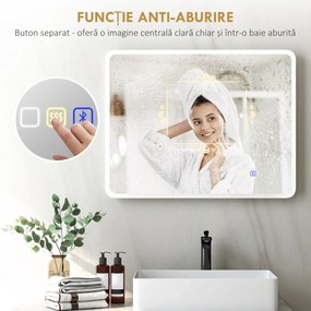 HOMCOM Oglindă de baie LED bluetooth 70 x 90 cm interruptor tactil lumină reglabilă 3 culori anti-abur memorie argintiu | Aosom Romania