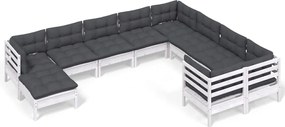 vidaXL Set mobilier grădină cu perne, 10 piese, alb, lemn de pin