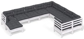 3097032 vidaXL Set mobilier grădină cu perne, 10 piese, alb, lemn de pin